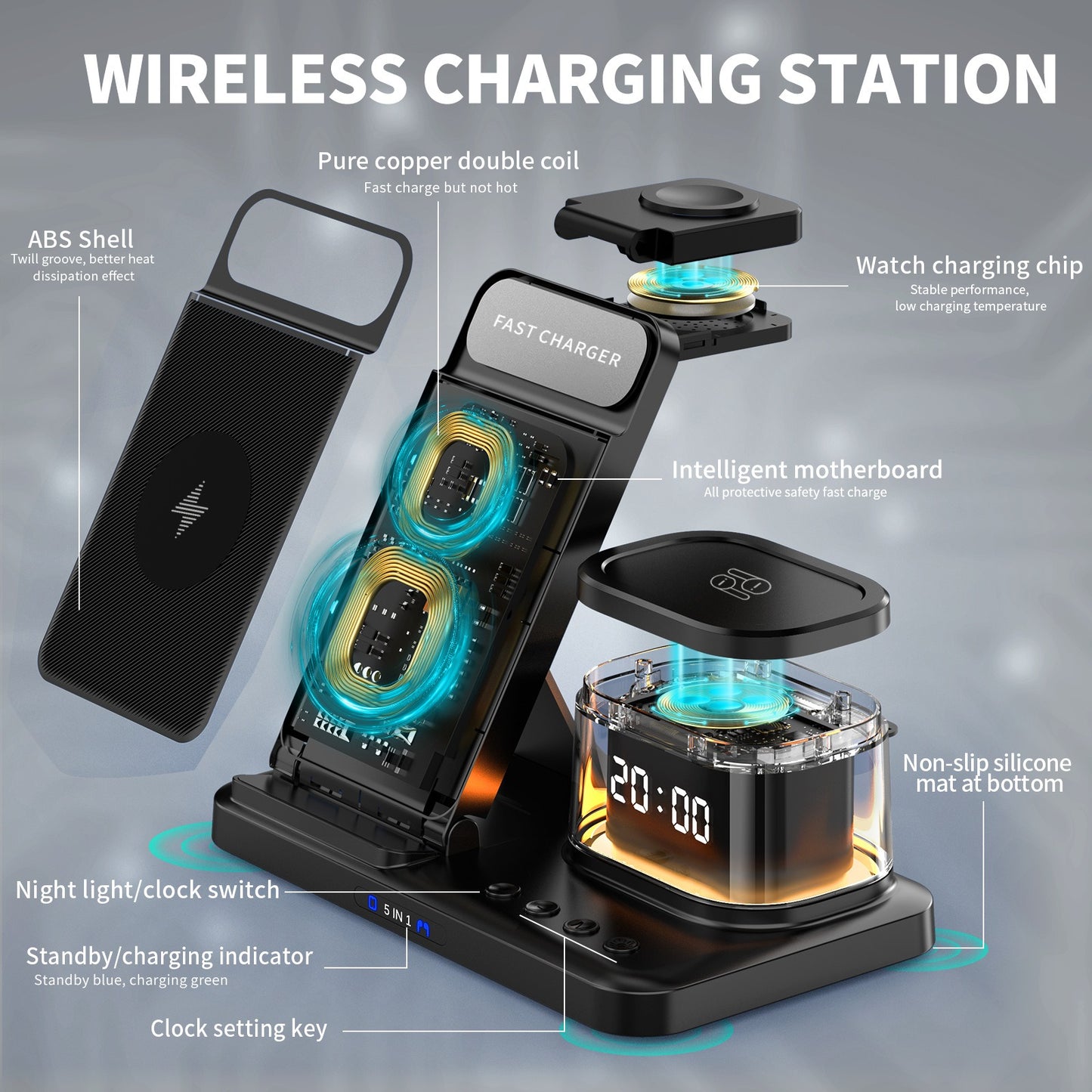 15W 5-in-1 Foldable Wireless Charging Station for Phone, Watch, Earbuds & Cards