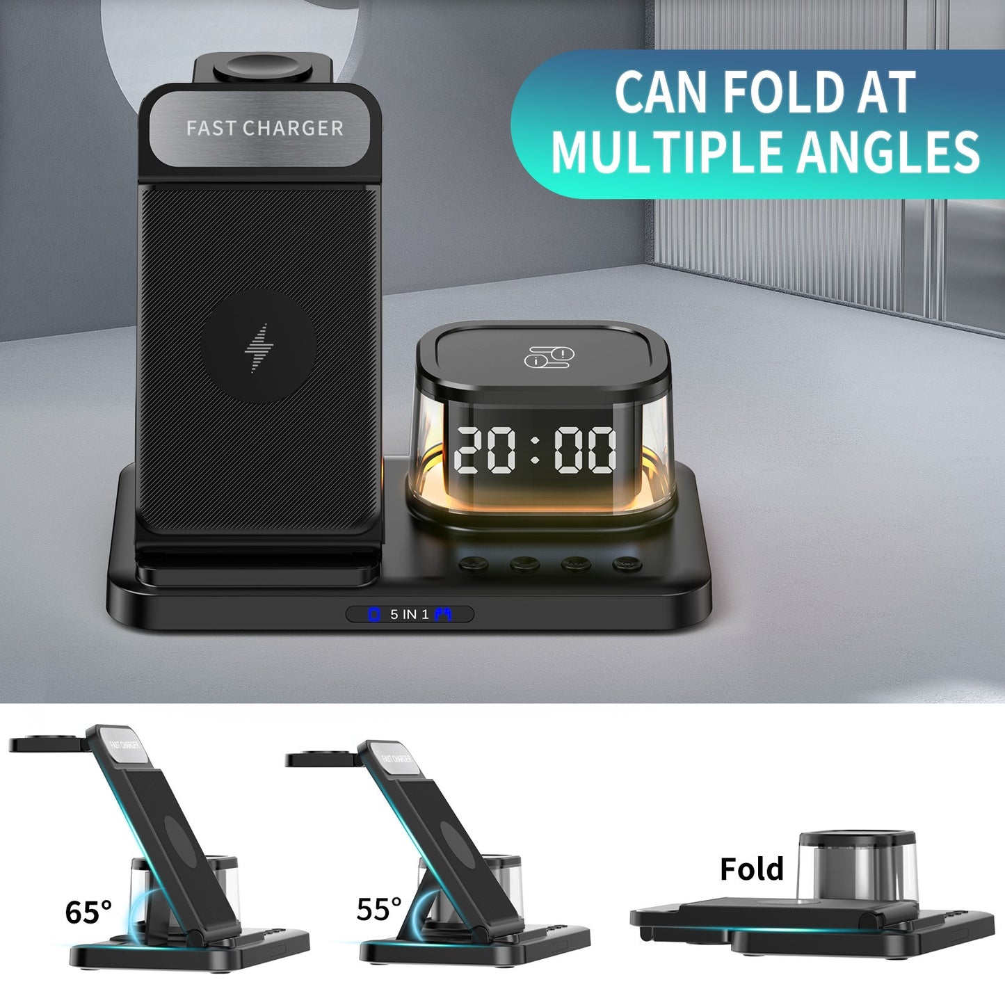 15W 5-in-1 Foldable Wireless Charging Station for Phone, Watch, Earbuds & Cards