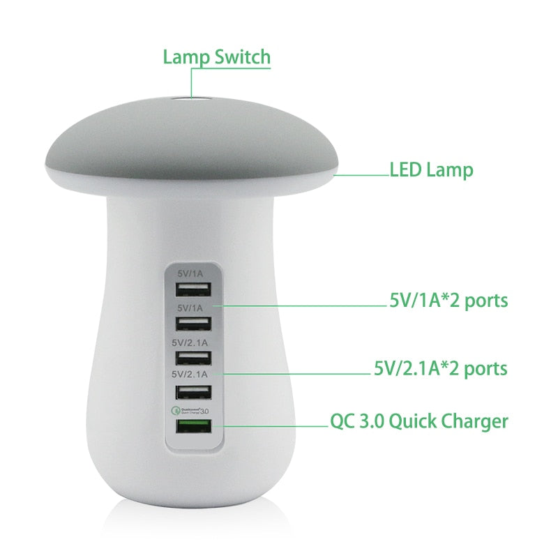 Mushroom Night Lamp: 3-in-1 USB QC3.0 Charging Station
